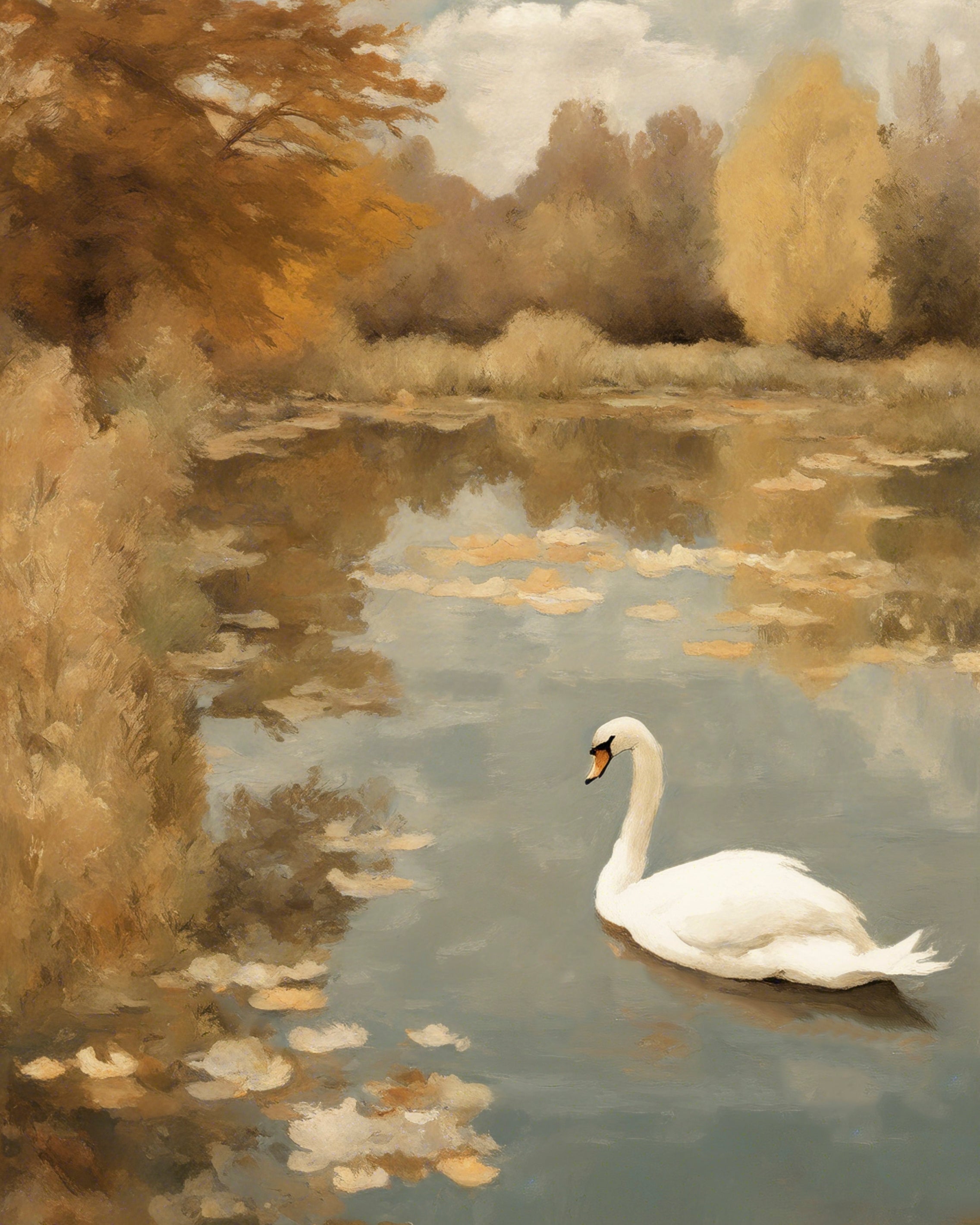 Hand Textured Canvas Print of Oil popular Painting SWAN LAKE in Gold Ornate Frame