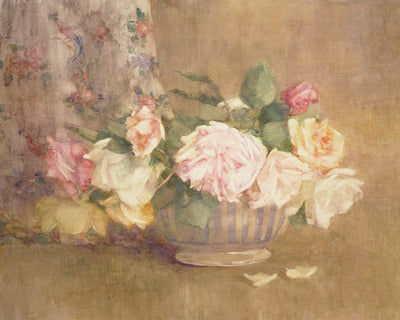 A BOWL OF PINK, YELLOW, AND WHITE ROSES art print - Museum Quality Art