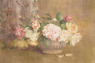 A BOWL OF PINK, YELLOW, AND WHITE ROSES art print - Museum Quality Art