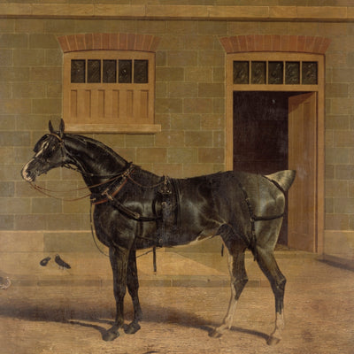 A CARRIAGE HORSE IN A STABLE YARD