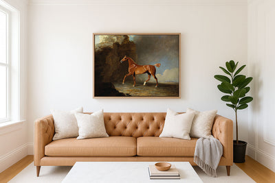 A Golden Chestnut Racehorse by a Rock Formation