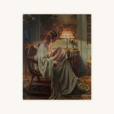 A LADY SEWING IN AN INTERIOR — Primary Image