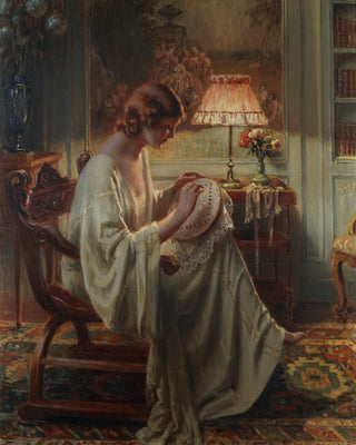 A LADY SEWING IN AN INTERIOR art print - Museum Quality Art
