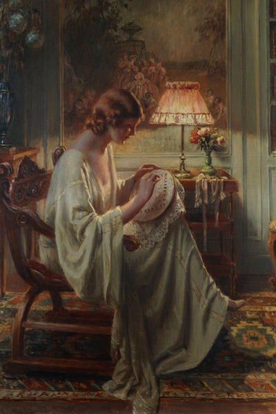 A LADY SEWING IN AN INTERIOR art print - Museum Quality Art