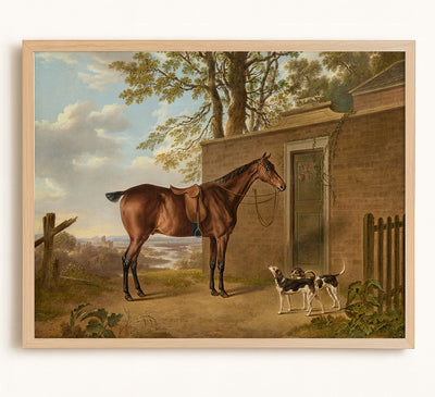 A Saddled Bay Hunter with Two Hounds Outside a Stable