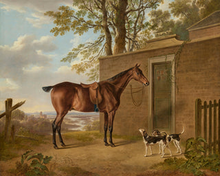 A SADDLED BAY HUNTER WITH TWO HOUNDS OUTSIDE A STABLE - Museum Quality Art