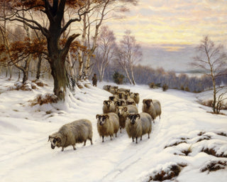 A SHEPHERD WITH HIS FLOCK IN A WINTER LANDSCAPE