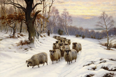 A SHEPHERD WITH HIS FLOCK IN A WINTER LANDSCAPE