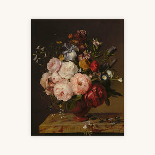 A VASE OF FLOWERS ON A LEDGE — Primary Image