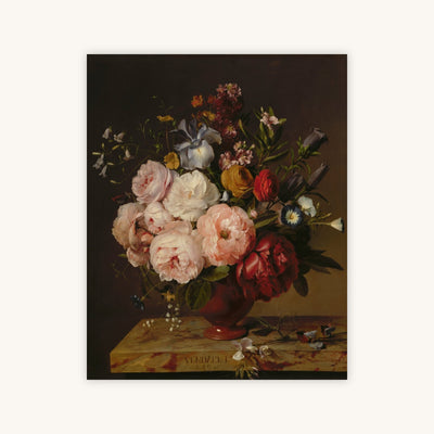 A VASE OF FLOWERS ON A LEDGE — Primary Image
