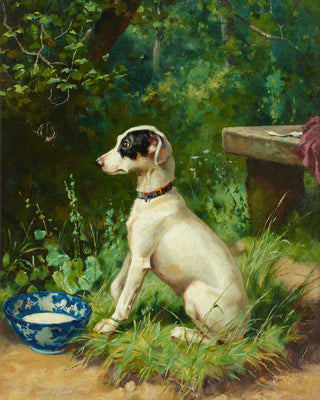 A WHITE TERRIER BY ITS BOWL - Museum Quality Art
