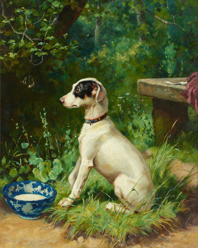 A WHITE TERRIER BY ITS BOWL - Museum Quality Art
