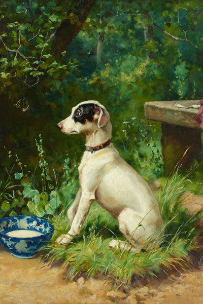 A WHITE TERRIER BY ITS BOWL - Museum Quality Art