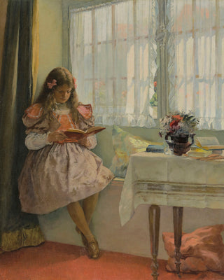 A YOUNG GIRL READING BY THE WINDOW - Museum Quality Art