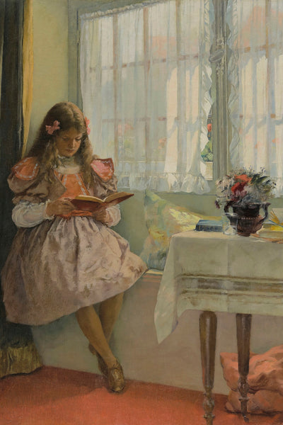 A YOUNG GIRL READING BY THE WINDOW - Museum Quality Art