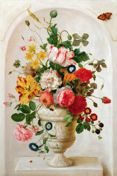 AN URN OF FLOWERS IN AN ALCOVE