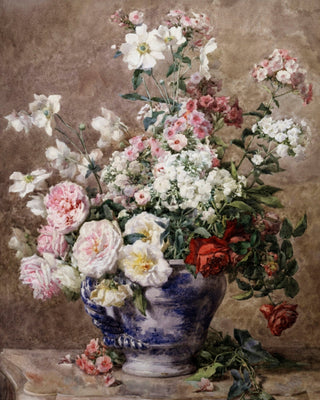 Anemones and Roses in a Blue and White Vase