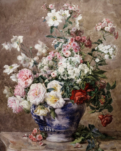 Anemones and Roses in a Blue and White Vase