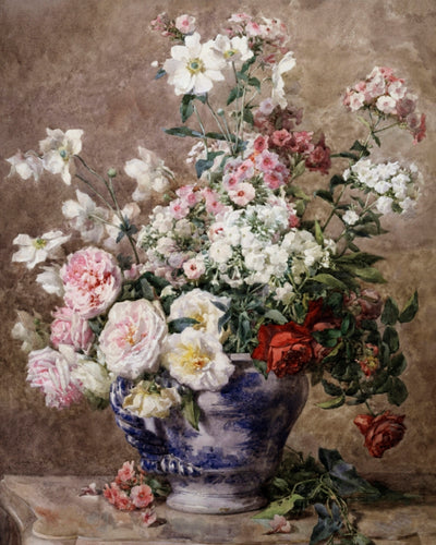 Anemones and Roses in a Blue and White Vase