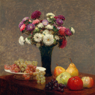 ASTERS AND FRUIT ON A TABLE - Museum Quality Art