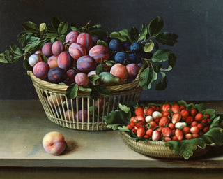 BASKET OF PLUMS AND STRAWBERRIES