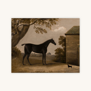 BAY HUNTER AND A TERRIER OUTSIDE A STABLE — Primary Image