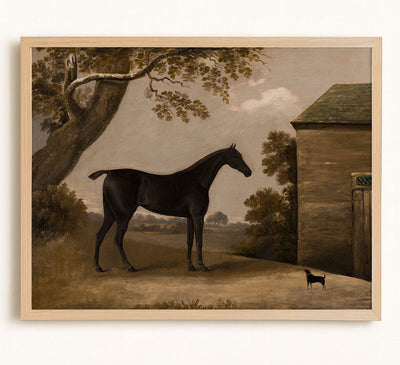 Bay Hunter and a Terrier Outside a Stable