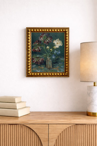 Bottle with Peonies and Blue Delphiniums