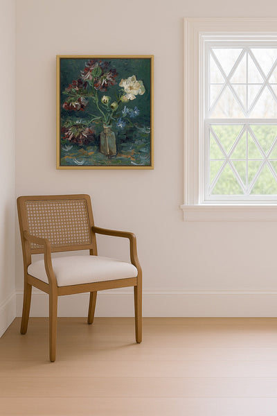 Bottle with Peonies and Blue Delphiniums