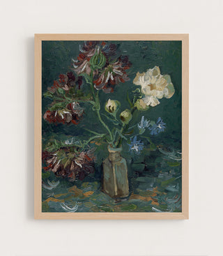 Bottle with Peonies and Blue Delphiniums