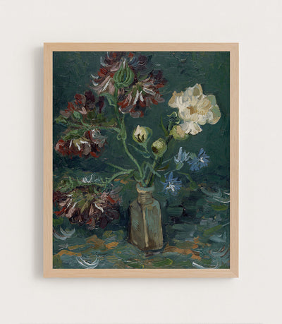 Bottle with Peonies and Blue Delphiniums