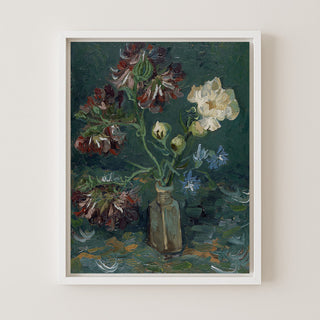 Bottle with Peonies and Blue Delphiniums