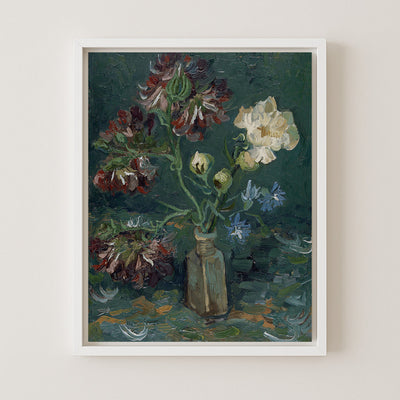 Bottle with Peonies and Blue Delphiniums