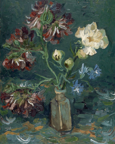 Bottle with Peonies and Blue Delphiniums