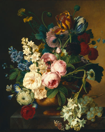 BOUQUET OF FLOWERS ON A MARBLE TABLE art print - Museum Quality Art