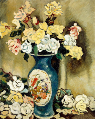 BOUQUET OF RED ROSES IN A BLUE VASE - Museum Quality Art