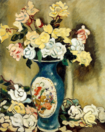 BOUQUET OF RED ROSES IN A BLUE VASE - Museum Quality Art