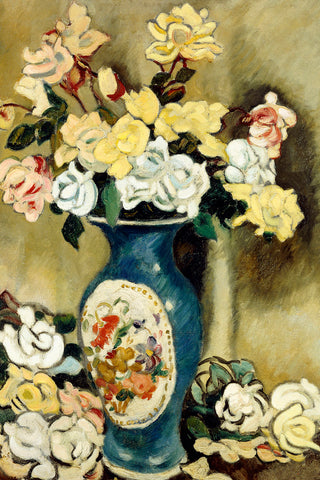 BOUQUET OF RED ROSES IN A BLUE VASE - Museum Quality Art
