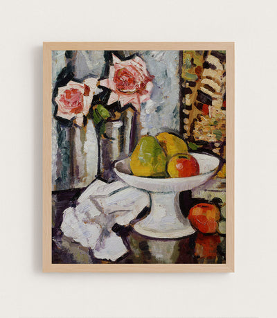 BOWL OF FRUIT AND PINK ROSES - Museum Quality Art