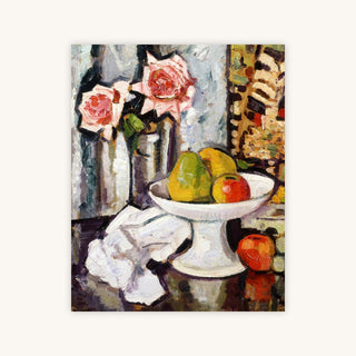 BOWL OF FRUIT AND PINK ROSES — Primary Image