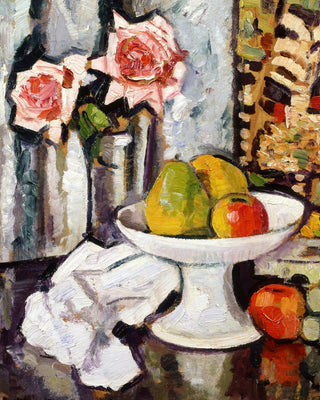 Bowl of Fruit and Pink Roses