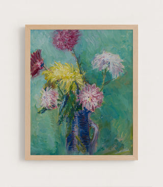 CHRYSANTHEMUMS IN A BLUE JUG - Museum Quality Art