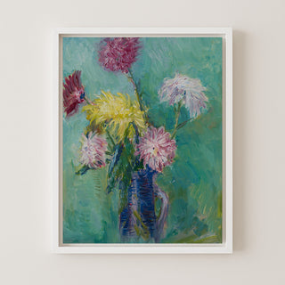 CHRYSANTHEMUMS IN A BLUE JUG - Museum Quality Art