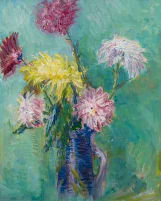 Chrysanthemums in a Blue Jug