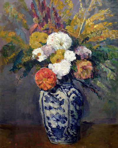 DAHLIAS IN BLUE VASE