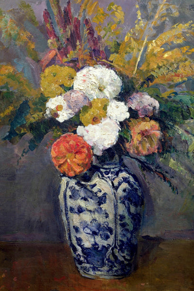 DAHLIAS IN BLUE VASE