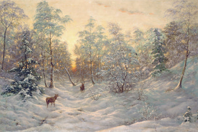 DEER IN A SNOWY LANDSCAPE AT DUSK