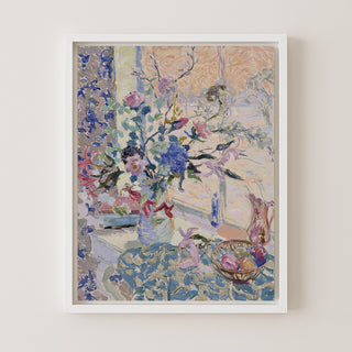 Flowers by the Window, Evening Light, Snow Outside