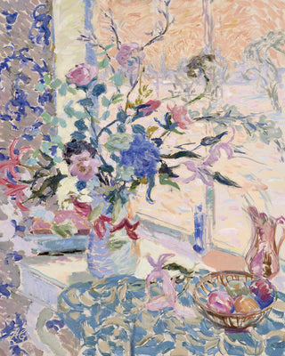 FLOWERS BY THE WINDOW, EVENING LIGHT, SNOW OUTSIDE - Museum Quality Art