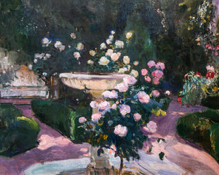 FOUNTAIN AND ROSE BUSH AT CASA SOROLLA MADRID - Museum Quality Art